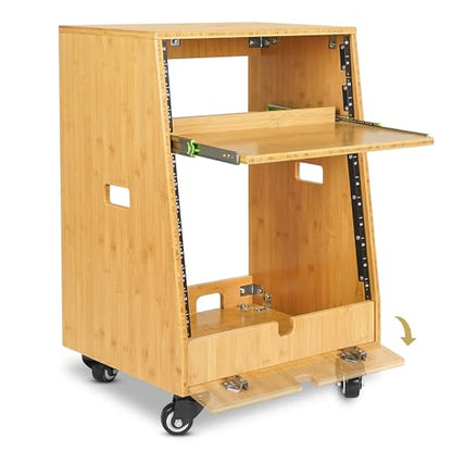 Sound Town DIY Solid Carbonized Bamboo Slanted 12U Studio Rack (4U Top + 8U Lower), with 2U Bottom Storage, Slide-Out Tray, Caster, For Recording Room, Home Studio (STBR-ST12T) - size: 12U(4U Top + 8U Lower),Carbonized Bamboo