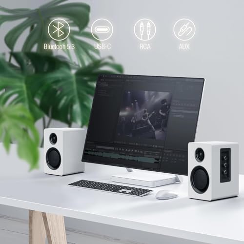 Computer Speakers, Bluetooth 5.3, USB-C, AUX/RCA, 3-Inch Woofer, White | A 3-inch carbon fiber woofer and 1-inch silk dome tweeter in wood cabinets. For PCs, turntables, TVs, gaming and music. - color: White