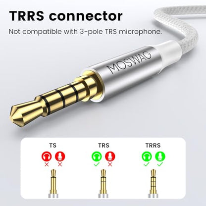 MOSWAG 3.5mm TRRS Headphone Splitter, 3.5mm AUX Jack Cable 1 in 2 Out | Nylon Braided & Gold-Plated Extension Cable Audio Y Splitter, Dual Headphone Jack Adapter for Phone, PC, Laptop, Tablet, Mp3 - color: White