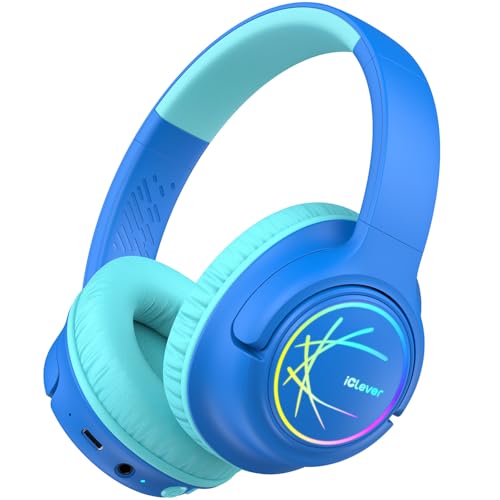iClever BTH18 Kids Bluetooth Headphones LED Lights for Toddler Boys Girls | SafeSound Tech, 43H Playtime Stereo Sound, USB C Charging AUX Cable, Over Ear Kids Headphones Wireless for iPad/Tablet/Travel - color: B-Blue