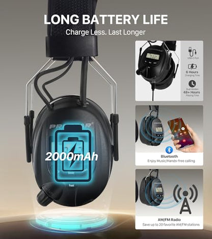 AM FM Radio Hearing Protection Earmuff, Bluetooth 5.4, 30SNR | Rechargeable Hearing Protectors with Gel Earpads, Headphones for Lawn Mowing, Construction, Chainsaw, Landscaping - color: Am/Fm+ Bluetooth-black