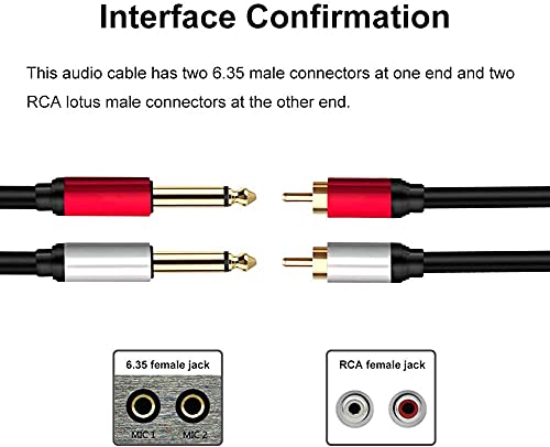 2 x 6.35 mm to 2RCA Cable 20 ft,Dual 1/4 inch TS Stereo Jack Male to 2 RCA Male Stereo Audio Cable Splitter Adapter (20ft/6m, Black) - size: 20ft/6m