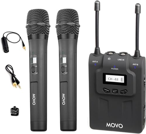 Movo WMIC80 UHF Wireless Handheld Microphone System with 2 Handheld Mics with intergrated Transmitters, Portable Receiver, & Shoe Mount for DSLR Cameras (330' Range)