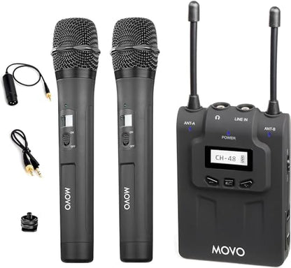 Movo WMIC80 UHF Wireless Handheld Microphone System with 2 Handheld Mics with intergrated Transmitters, Portable Receiver, & Shoe Mount for DSLR Cameras (330' Range)