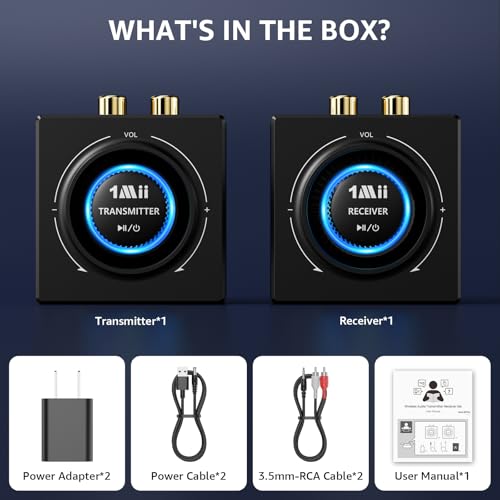 1Mii Wireless Audio Transmitter Receiver Set (1 TX + 1 RX) for TV | Wireless Audio Adapter with RCA/AUX out, 25ms Low Latency 262ft Long Range, for TV/Soundbar/Powered Speakers/Amplifier
