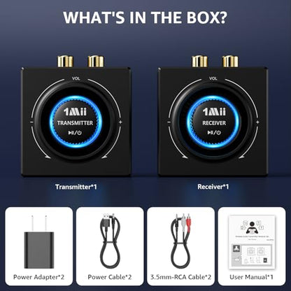 1Mii Wireless Audio Transmitter Receiver Set (1 TX + 1 RX) for TV | Wireless Audio Adapter with RCA/AUX out, 25ms Low Latency 262ft Long Range, for TV/Soundbar/Powered Speakers/Amplifier
