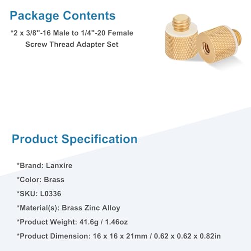 2 Pack Camera Screw Adapter, 3/8"-16 Male to 1/4"-20 Female Screw Thread Adapter Set for Tripod Stand, Microphone Stand, Mic Mount, and Camera Monitor (Brass)