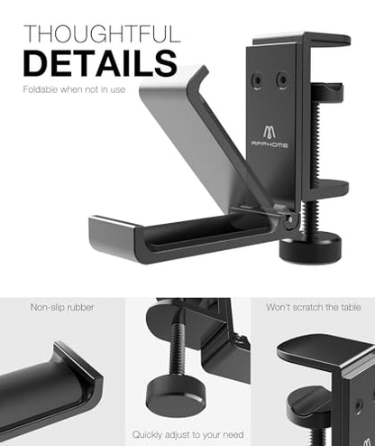 New Foldable Headphone Stand Hanger Holder Aluminum Headset Soundbar Stand Clamp Hook Under Desk Space Save Mount, Universal Fit Gaming Headphones, Black - color: Black