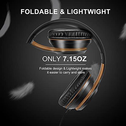 LORELEI X8 Over-Ear Wired Headphones with Microphone with 1.45m-Tangle-Free Nylon Line&3.5mm Plug,Lightweight Foldable & Portable Headphones for Smartphone,Tablet,Computer,Mp3/4(Black-Gold) - color: Black-Gold