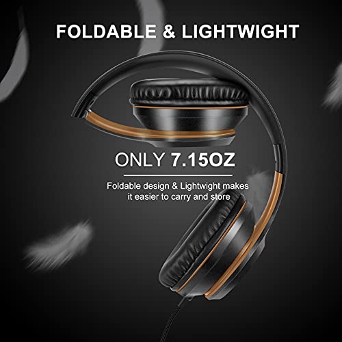 LORELEI X8 Over-Ear Wired Headphones with Microphone with 1.45m-Tangle-Free Nylon Line&3.5mm Plug,Lightweight Foldable & Portable Headphones for Smartphone,Tablet,Computer,Mp3/4(Black-Gold) - color: Black-Gold