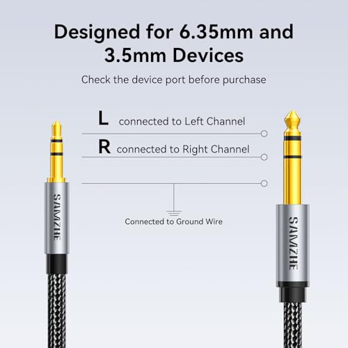 SAMZHE 1/8 to 1/4 Stereo Cable 3.5mm TRS to 6.35mm Audio Cable Guitar to Aux Male Cord with Alum Alloy Housing and Nylon Braid for Guitar, Laptop, Home Theater Devices, Speaker and Amplifiers 6.6FT - size: 6.6 FT