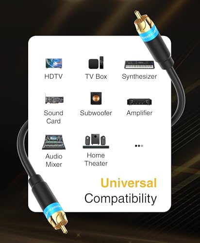 BlueRigger Subwoofer Cable 50FT (Dual Shielded RCA Cables for Subwoofer) Gold Plated, RCA Male to Male – Subwoofer RCA Cable for Amplifier, DAC, Receiver, Home Theater, HDTV, Soundbar - size: 50FT