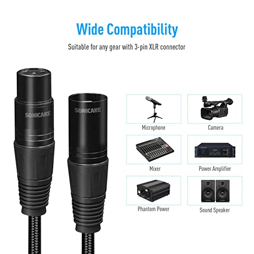 SONICAKE XLR Microphone Cable Male to Female 3 Pin Nylon Braided for Studio Recording and Live Production 10 Feet/3M, Black