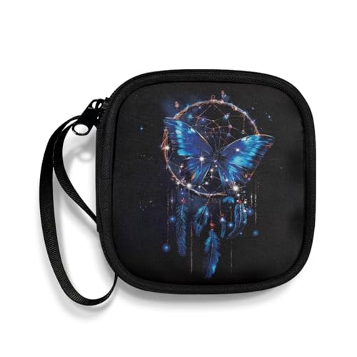 Butterfly Wind Chime Portable Earphone Case Zipper Pouch Universal Square Earbud Carrying Bag with Mesh Inner Pocket for Headset Earphone Flash Drive Charging Cable Key - color: Butterfly and Wind Chime