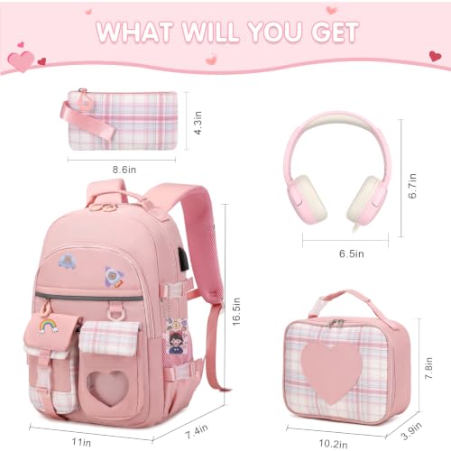 ACESAK Backpack for Girls with Headphones - Girls Backpack with Lunch Box, Pencil Case & Kids Headset - 3.5mm Wired Headphones for School Bookbag Schoolbag Set Back To School Gift (Pink) - color: Pink