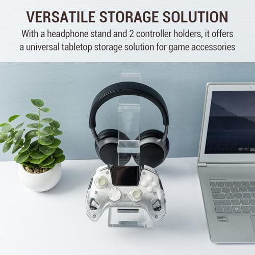 MyGift Premium 10mm Thick Clear Acrylic Gaming Headphone Headset Stand with 2 Controller Holder, Tabletop Universal Storage Rack for Game Accessories - color: Clear Acrylic