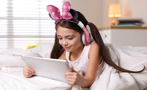 eKids Minnie Mouse Kids Bluetooth Headphones, Wireless with Microphone Includes Aux Cord, Volume Reduced Foldable Headphones for School, Home, or Travel, Pink | Reduced Volume and Built-in Microphone