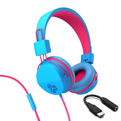 JLab, JBuddies Studio, Kids Wired on-Ear Headphones, Bundle with USB-C Adapter, Volume limiting, Foldable, Blue/Pink - color: Cotton Candy, size: Bundles