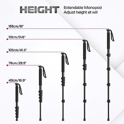 ULANZI TB12 61-Inch Camera Monopod - Portable Tripod & Monopod Photography Stick with 5-Section Height, Aluminum Compact Travel Camera Stick for Canon, Nikon, Sony Mirrorless, DSLR, Easy to Carry