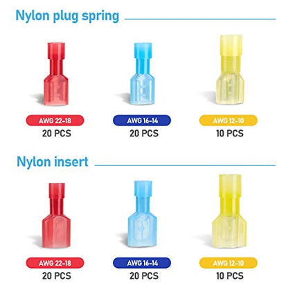 TICONN 100 Pcs Nylon Spade Quick Disconnect Connectors Kit, Electrical Insulated Terminals, Male and Female Spade Wire Crimp Terminal Assortment Kit - style: Combo 100Pcs