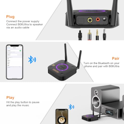 1Mii B06Ultra Bluetooth 5.3 Receiver with LDAC for Hi-Res Wireless Audio, HiFi Bluetooth Audio Adapter w/Audiophile DAC, 3D Surround aptX HD Low Latency, Optical AUX 3.5mm Coaxial for Home Stereo - color: B06Ultra Black