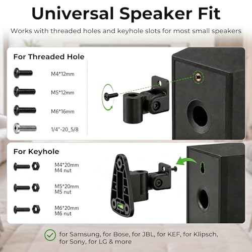 Universal Speaker Wall Mount for Speakers, Vertical 120°, Horizontal 180°Adjustment, Holds up to 30lbs, Compatible with Samsung , LG, Bose, JBL, KEF, Klipsch, Sony, Vizio & Others (2 Packs Black)