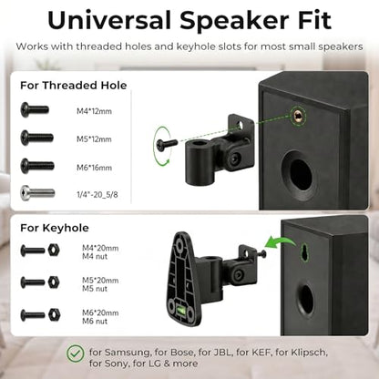 Universal Speaker Wall Mount for Speakers, Vertical 120°, Horizontal 180°Adjustment, Holds up to 30lbs, Compatible with Samsung , LG, Bose, JBL, KEF, Klipsch, Sony, Vizio & Others (2 Packs Black)