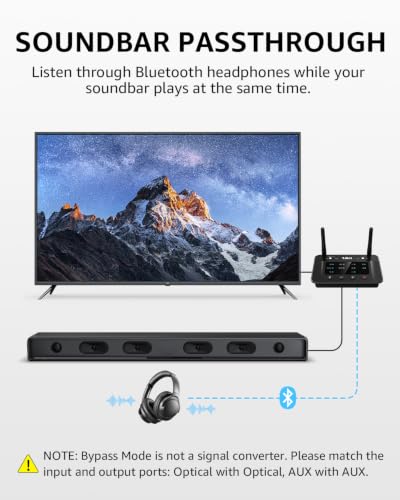 1Mii B03 Bluetooth 5.3 Transmitter Receiver for TV Home Stereo | aptX Low Latency/Adaptive/HD Wireless Audio Adapter to 2 Headphones, Volume Control, Optical RCA AUX, Soundbar Passthrough