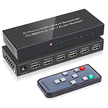ROOFULL 5 Port 4K HDMI 2.0 Switch with Remote | 5 In 1 Out 4K@60Hz HDMI 2.0 Switcher Selector, Automatic Switching, Dolby Vision/Atmos, HDR 10, HDCP 2.2, 18Gbps - color: Black