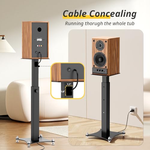 Adjustable Bookshelf Speaker Stands Pair, 20-27.5 Inch All-Metal Heavy Duty Holds 100lbs Universal for Surround Sound with Cable Management