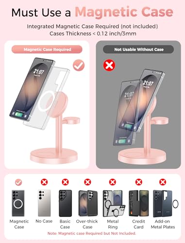 Magnetic Wireless Charger for Samsung, 3 in 1 Super Fast Charging Station Compatible with MagSafe, Phone Charger Stand for Samsung Galaxy S26 Ultra S25 Z Fold/Flip 8, Watch Ultra 8 7 6, Buds 4/3 Pro - color: Pink