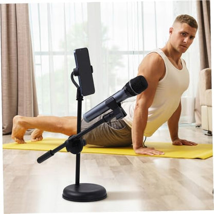 Luxshiny Desktop Mic Stand Adjustable Tabletop Microphone Stand with Mic Clip Holder Phone Clip Holder Metal Adapter Round Base for Home Recording Podcasting Broadcasting