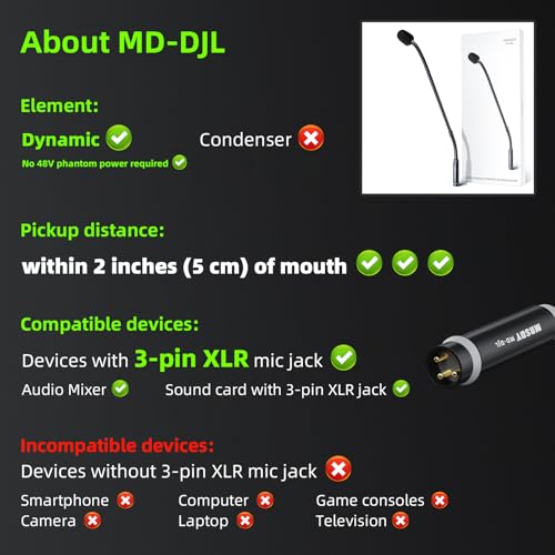 MRSDY 23 Inch Gooseneck Microphone, 3pin XLR Metal Wired Dynamic Podium Mic | Clear sound quality, noise reduction, all-metal construction, dual hose, cardioid directionality, 360° rotation, and 90° bend