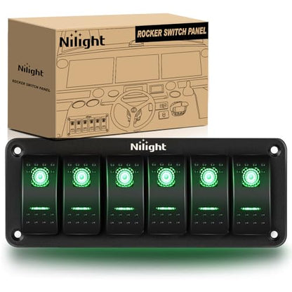 Nilight 6 Gang Rocker Switch Panel SPST On Off Toggle with DIY Label Sticker | 5PIN Electrical 12V/20A 24V/10A Aluminum Plate with Pre-Wired Jumper Wires for LED Light Bar RV Boats 4X4 Cars Green - color: Green, size: 6 Gang