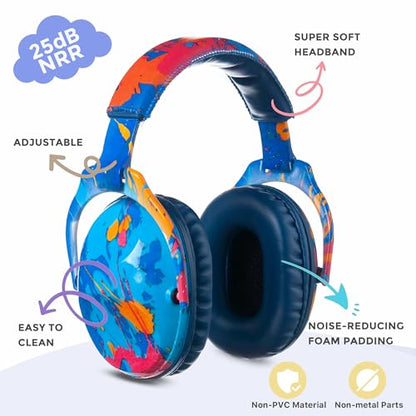 Kids Ear Protection Safety Ear Muffs, NRR 25dB Noise Reduction Children Earmuffs, Hearing Protectors for Sleeping, Studying, Airplane, Concerts, Fireworks-Blue Painting with Blue Band - color: Blue Band Blue Painting