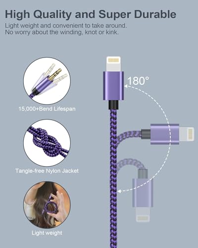 2Pack iPhone AUX Cord for iPhone 14 Pro Max/Plus, 13/12/11/XR/X/8/7, [Apple MFi Certified] Lightning to 1/8 Inch Audio Cable,3.3ft, Headphone Jack Adapter Male Aux Stereo Audio Cable for Lightening - style: Purple*2 Aux Cord