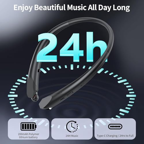 Retractable Neckband Bluetooth Headphones, Bluetooth 6.0 Wireless Neck Earbuds with Auto Retractable Ear Cables, 24H Playtime HiFi Deep Bass Stereo Headset for Sports Workout Commute Work Meeting