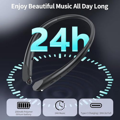 Retractable Neckband Bluetooth Headphones, Bluetooth 6.0 Wireless Neck Earbuds with Auto Retractable Ear Cables, 24H Playtime HiFi Deep Bass Stereo Headset for Sports Workout Commute Work Meeting