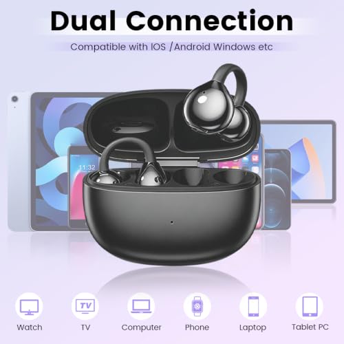 Open Ear Clip Headphones, Wireless Earbuds Bluetooth 5.4 The Over Ear Buds Earphones Built-in Mic with Ear Hooks, 36H Playtime,for iOS and Android (Black) - color: black