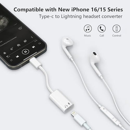USB C to Lightning Audio Adapter, USB C Male to Lightning Female Earphone Converter Compatible with iPhone 17/17Pro Max/16/15/15Pro Max, iPad Pro, iPad Air 6, MacBook and More(Audio Only, No Charge)