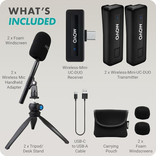 Movo Wireless Mini UC-Duo USB-C Wireless Microphone for iPhone 15/16/Android/PC/Macbook Podcast Equipment Bundle with WMX-HM Handle/Desktop Mic Stand for Podcasting, Interviews, and Content Creation - size: USB-C