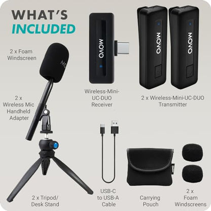 Movo Wireless Mini UC-Duo USB-C Wireless Microphone for iPhone 15/16/Android/PC/Macbook Podcast Equipment Bundle with WMX-HM Handle/Desktop Mic Stand for Podcasting, Interviews, and Content Creation - size: USB-C