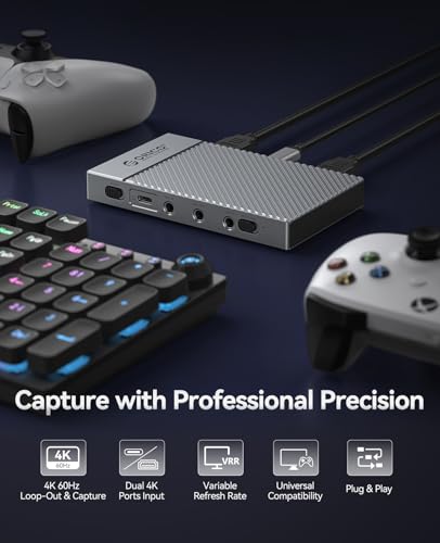 ORICO IS6 4K Portable HDMI Capture Card for Streaming, Dual 4K60Hz Inputs, USB C Game Capture Card with Audio Ports Compatible with PS5, Xbox, Switch, OBS Recording, Works on PC, Mac, Laptop, iPad