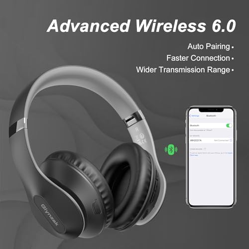 Wireless Bluetooth Headphones Over Ear V6.0 HiFi Stereo with Mic | 65H Playtime 6EQ Modes Foldable Bluetooth Headset with Microphone for Travel Smartphone Computer Laptop Grey - color: Grey