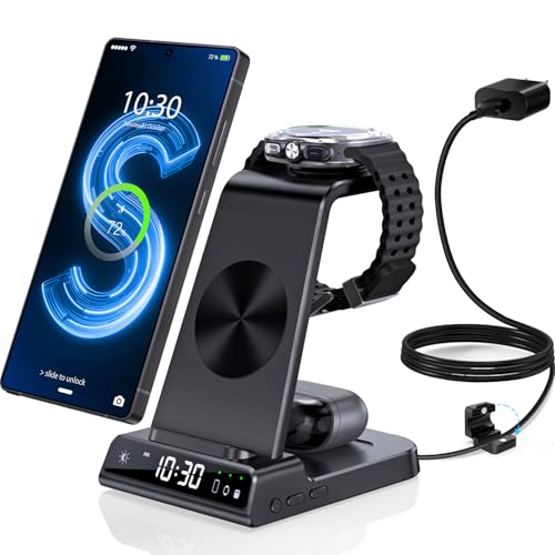 Wireless Charger for Samsung S25 with Clock 3 in 1 Android Charging Station | Charging Station for Galaxy S25 Ultra,Z Flip 7,Fold,Galaxy Bud,Watch Charger for Galaxy Watch 8,7,6,5Pro, Nightstand Charger - color: Black