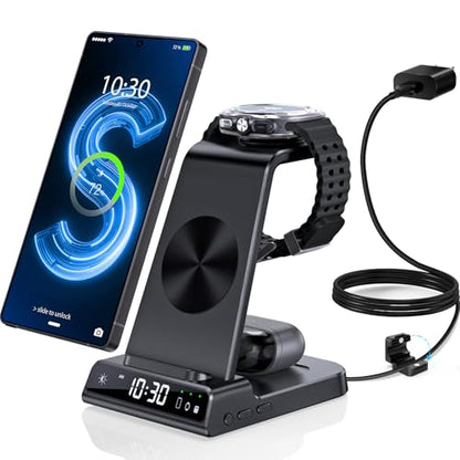Wireless Charger for Samsung S25 with Clock 3 in 1 Android Charging Station | Charging Station for Galaxy S25 Ultra,Z Flip 7,Fold,Galaxy Bud,Watch Charger for Galaxy Watch 8,7,6,5Pro, Nightstand Charger - color: Black