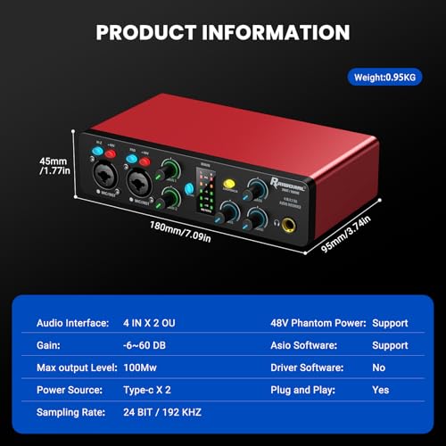USB Audio Interface,4-In 2-Out Audio Interface with 48V Phantom Power 24-bit/192kHz, Dual TS/XLR Inputs Plug & Play for Recording, Podcasting, Streaming, Guitar, Vocalist