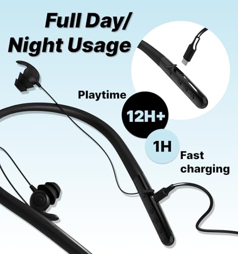 Hmusic HS88 Sleep Earbuds for Side Sleepers, 30dB Noise Isolation | Ultra-Thin Silicone, 12H Playtime with Sleep Timer, Secure Fit Neckband Headphones for Yoga, Travel, Audiobooks & Meditation - color: Black