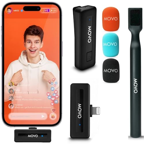 Movo Wireless Mini DI Ultra Compact Wireless Lavalier Microphone for iPhone with WMX-HM Handheld Adapter - Lapel Mic with Handle Mount for Content Creators, Interviews, Reporting and More