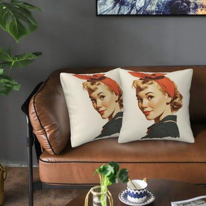 Retro Woman Red Headband Big Bow On Head Throw Pillows Covers, Couch Sofa Pillow Cases,Zipper Bedding Cushion Cases for Living Room,18x18 Inch